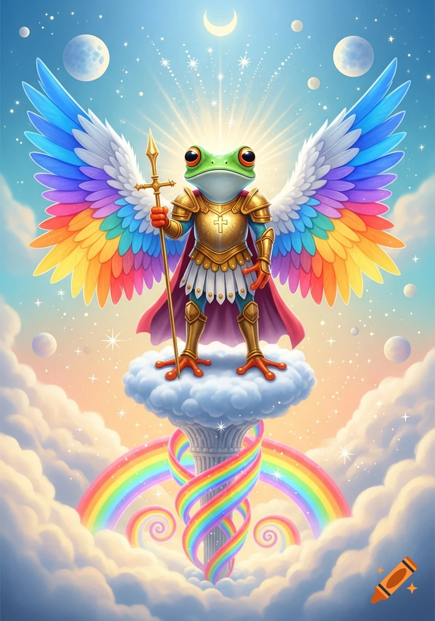 A whimsical cartoon frog in golden armor with rainbow wings stands on a cloud pillar amidst rainbows and stars.