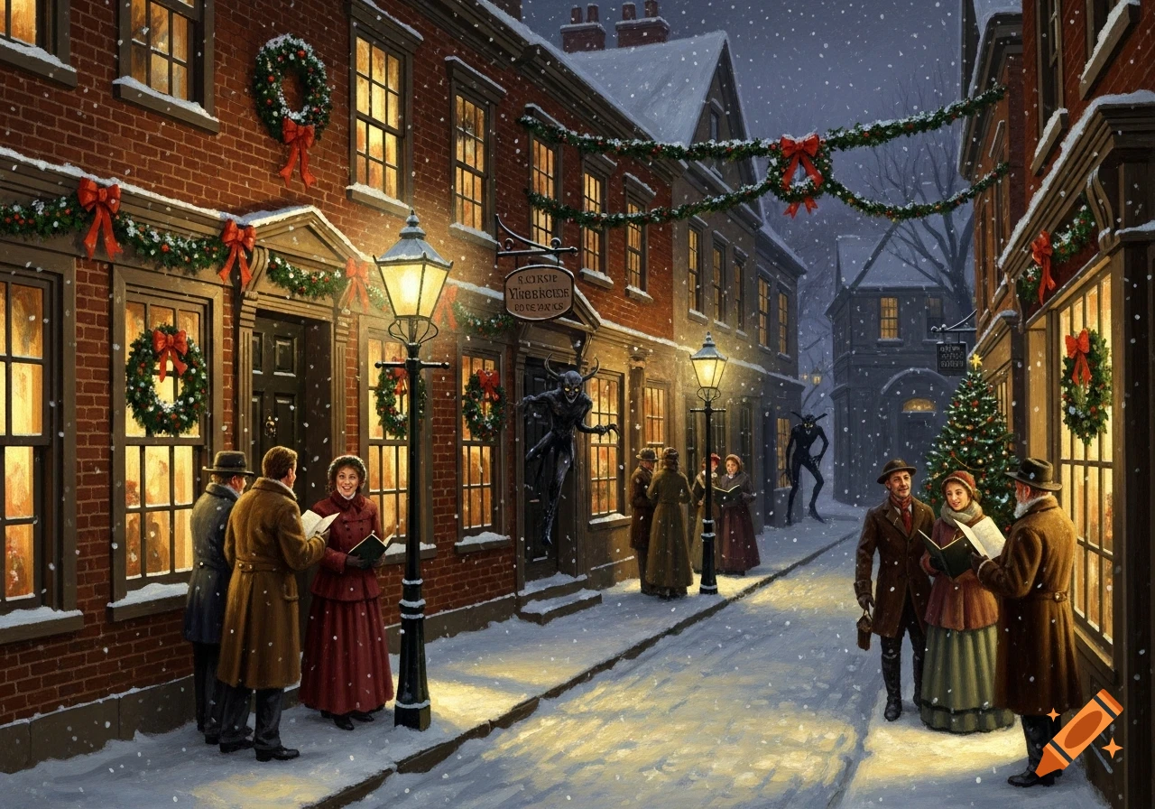 A painterly snowy Victorian Christmas street scene at night. People carol under warm lamplight while Krampus figures lurk in dark alleys.