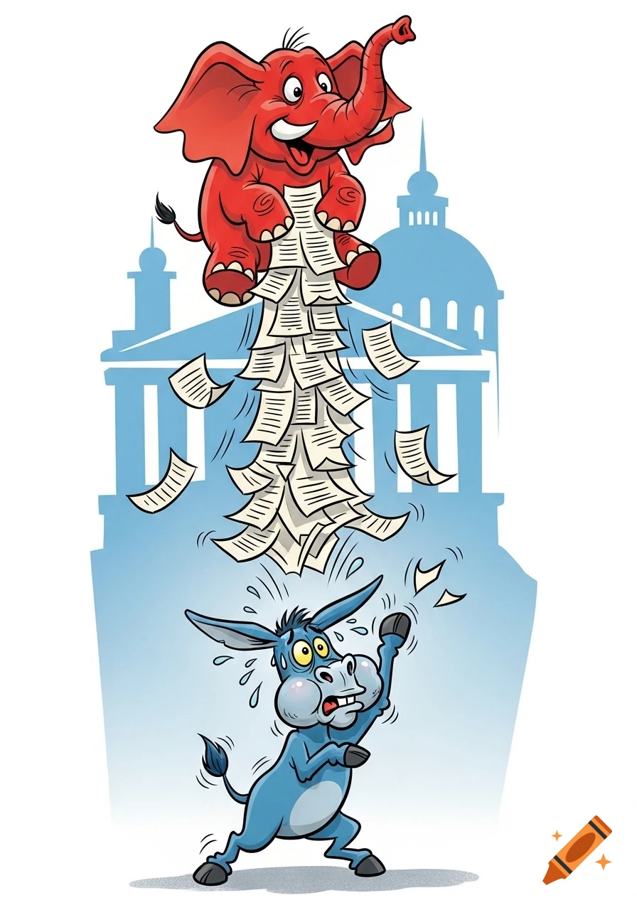 Cartoon of a smiling red elephant dropping a large stack of papers onto a distressed blue donkey in front of a blue capitol building silhouette.