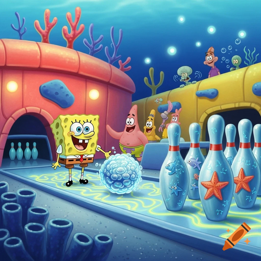 Spongebob Squarepants rolls a bubble bowling ball down an underwater lane, as Patrick and other characters watch.