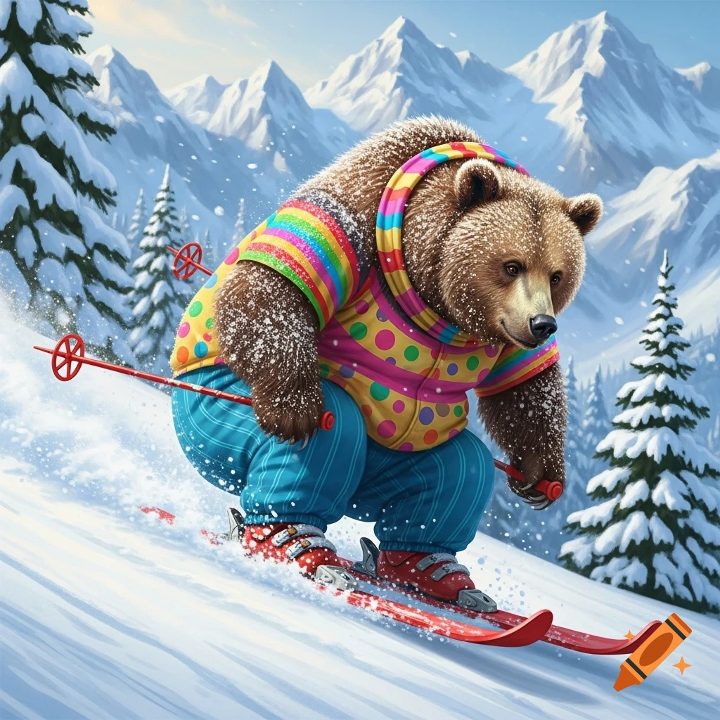 A brown bear in a colorful striped and polka-dotted jacket and blue pants skis down a snowy mountain slope with pine trees.