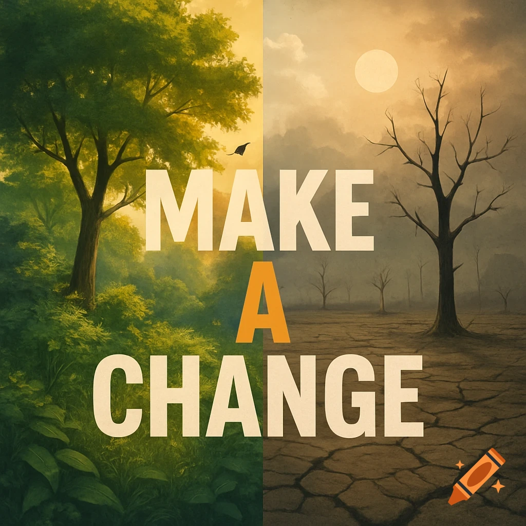 Climate change poster split, showing lush green forest on left and dry, cracked desert on right. Text: MAKE A CHANGE.