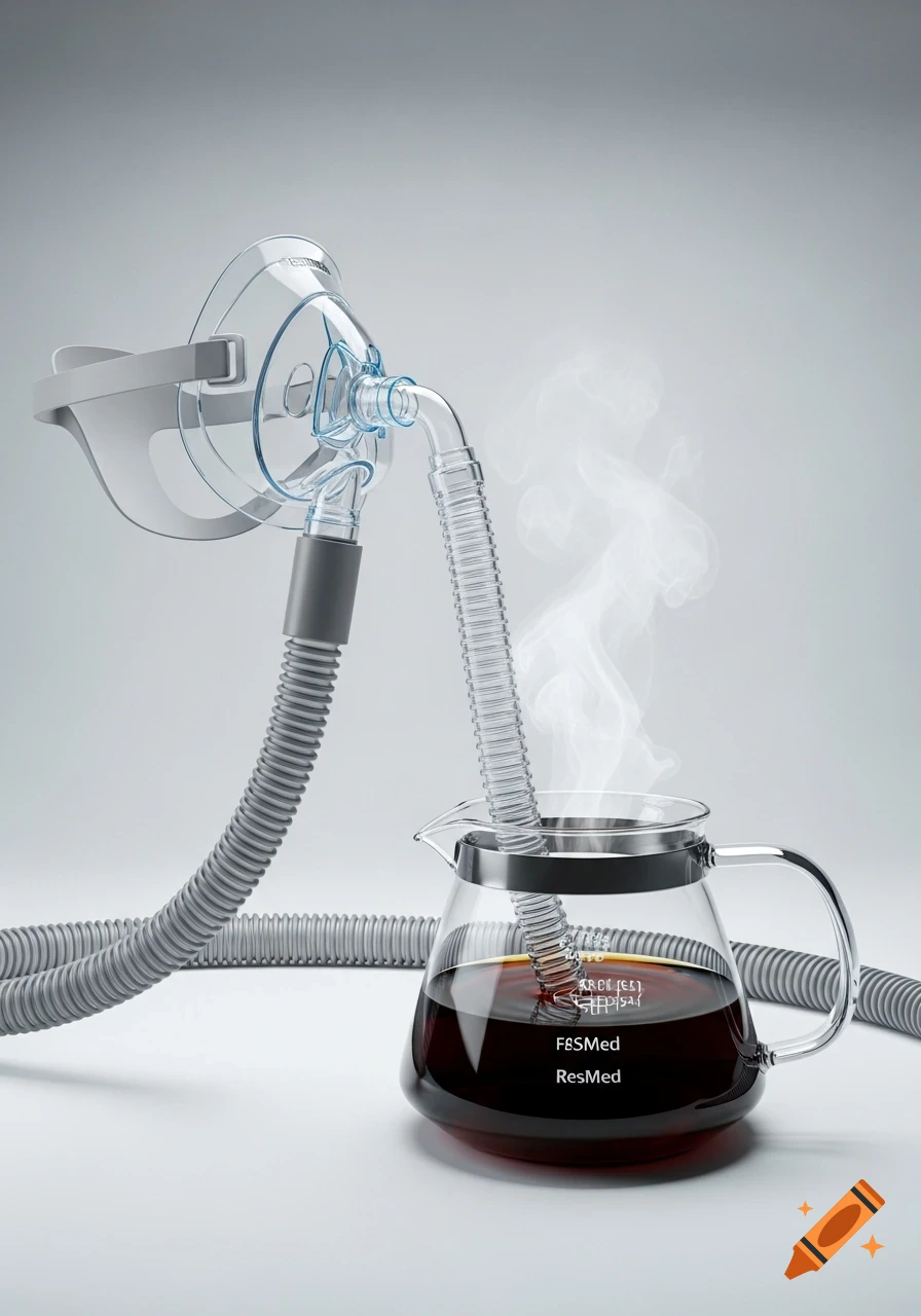 A clear CPAP mask connected by a ribbed hose to a glass coffee pot filled with steaming dark coffee.