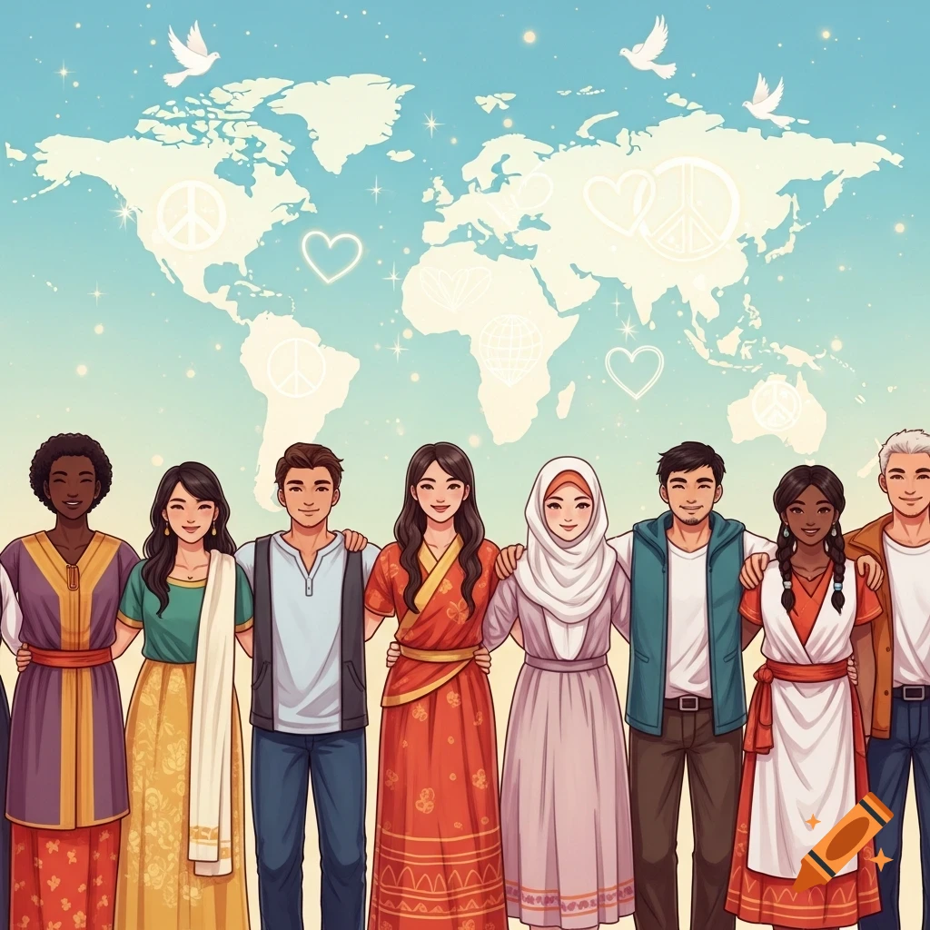 Diverse people in traditional and casual clothing stand arm-in-arm against a world map with peace symbols, illustrating unity.