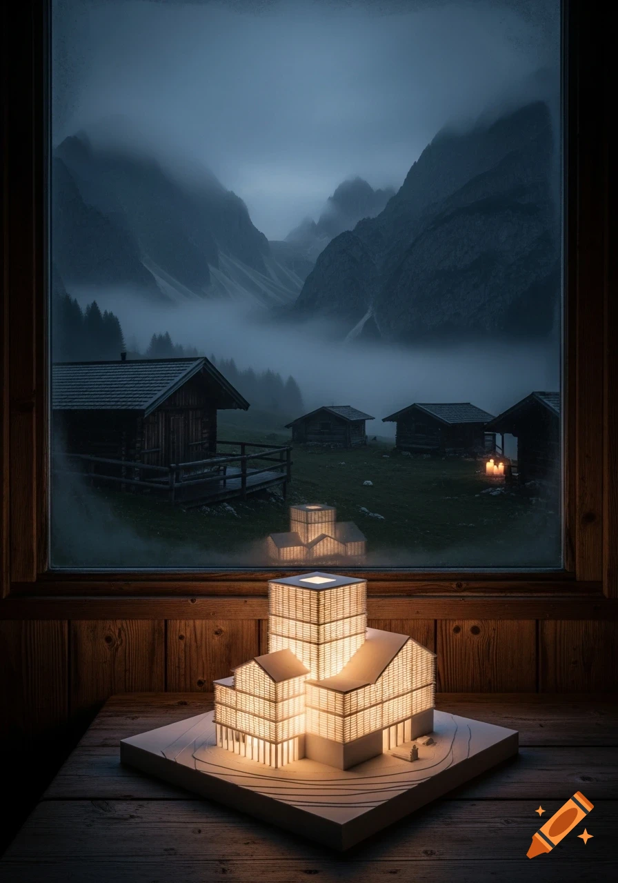 An illuminated white architectural model sits on a wooden table, with a view through a window to foggy Bavarian alps and wooden lodges.