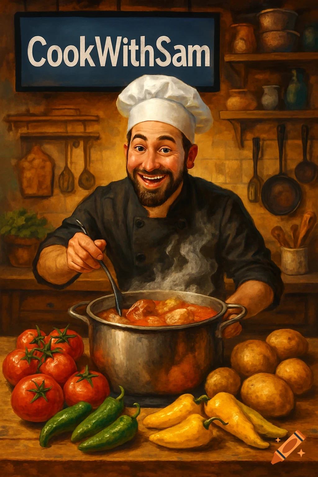 A smiling chef with a beard stirs a pot of soup in a rustic kitchen, surrounded by vegetables. A sign above reads 'CookWithSam'.