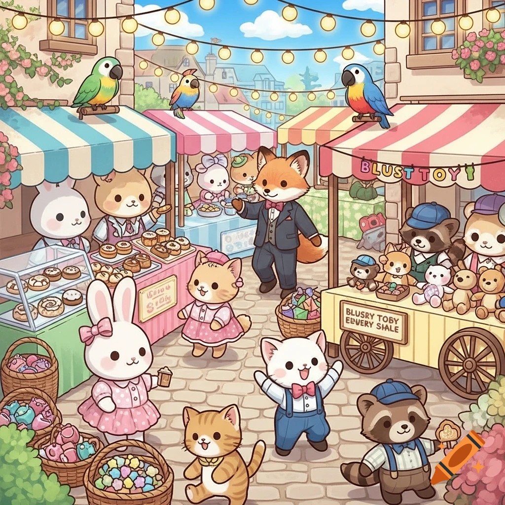 A bustling Japanese kawaii market scene with various anthropomorphic animals like foxes, rabbits, cats, and raccoons, at colorful stalls under string lights, selling pastries and toys.