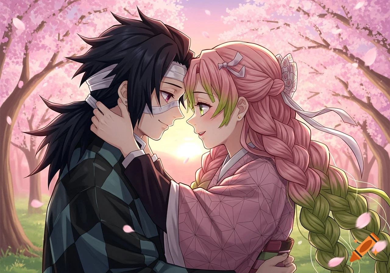Anime illustration of a man with dark hair and a woman with pink hair gazing at each other lovingly amidst pink cherry blossoms at sunset.