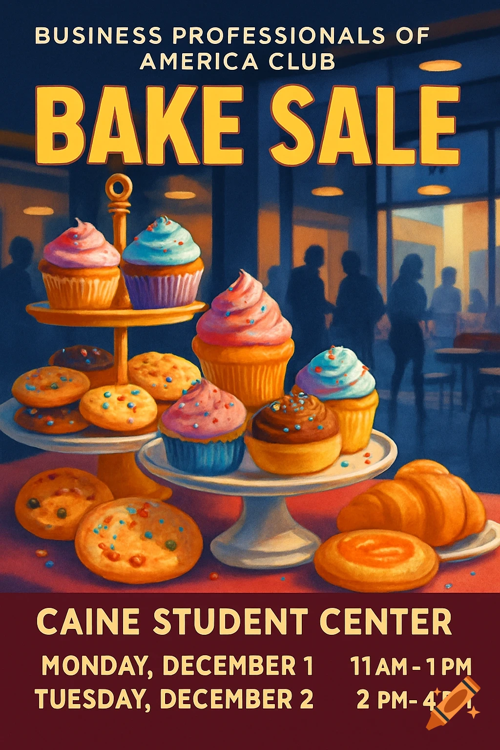 A colorful flyer for a Business Professionals of America Club bake sale, featuring cupcakes, cookies, and croissants on display, with event details.