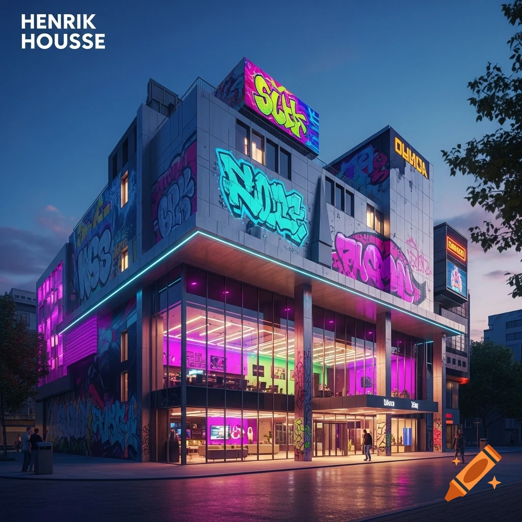 A modern building covered in colorful graffiti and neon lights, with large glass windows and people walking outside at dusk, in a vibrant, urban style.