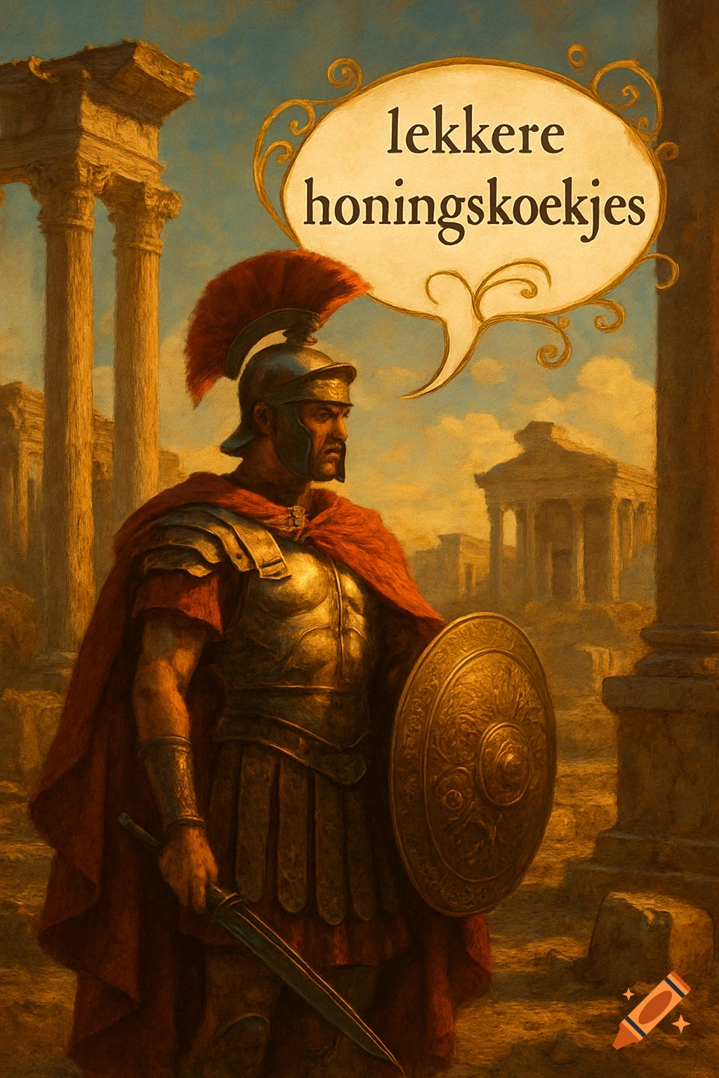 A Roman soldier in full armor and a red cape stands among ancient ruins, a speech bubble above him reads 'tasty honey cookies'.