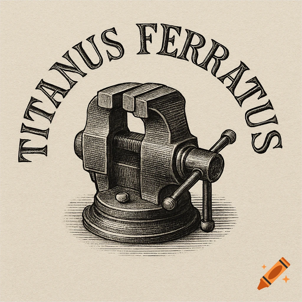 An intricate vintage-style engraving of a metal vice with the words "TITANUS FERRATUS" arched above it.