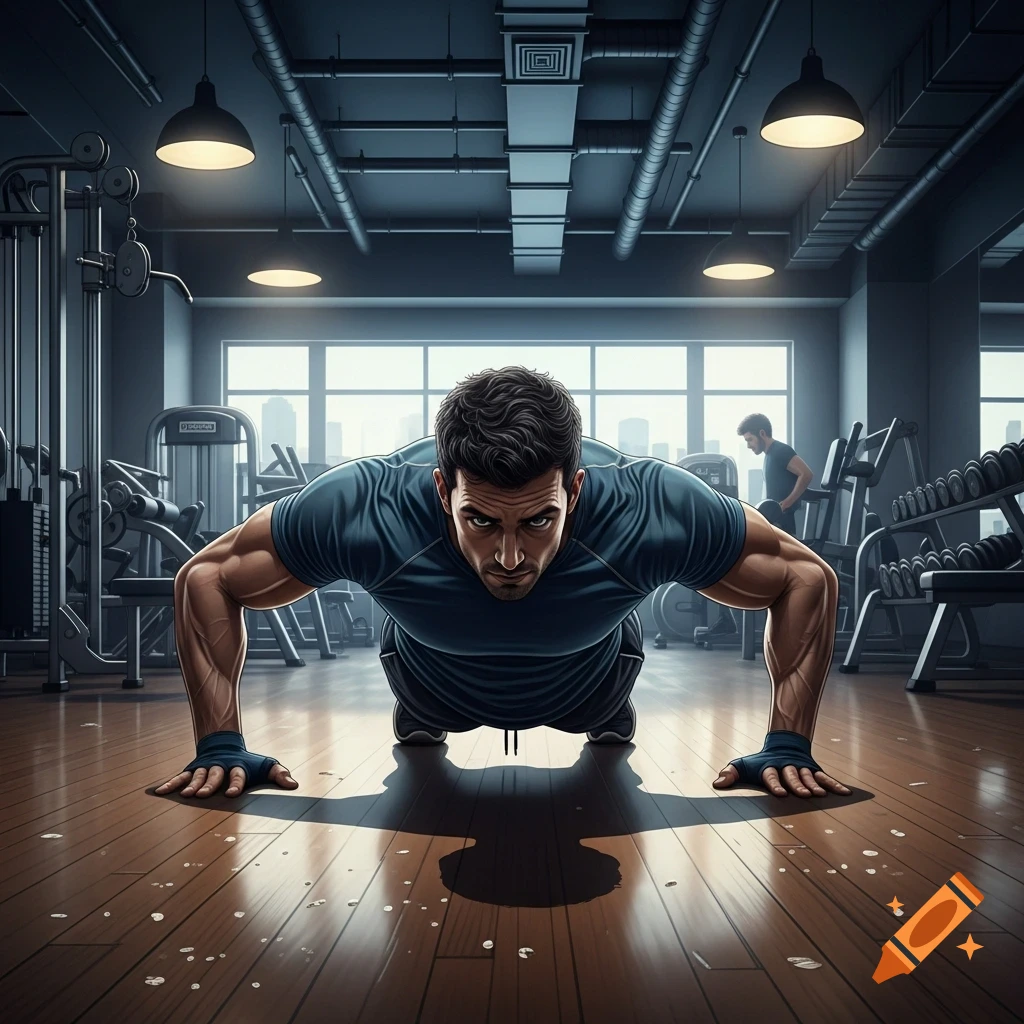 A muscular man in a blue shirt does a pushup on a wooden floor in a modern gym with equipment.