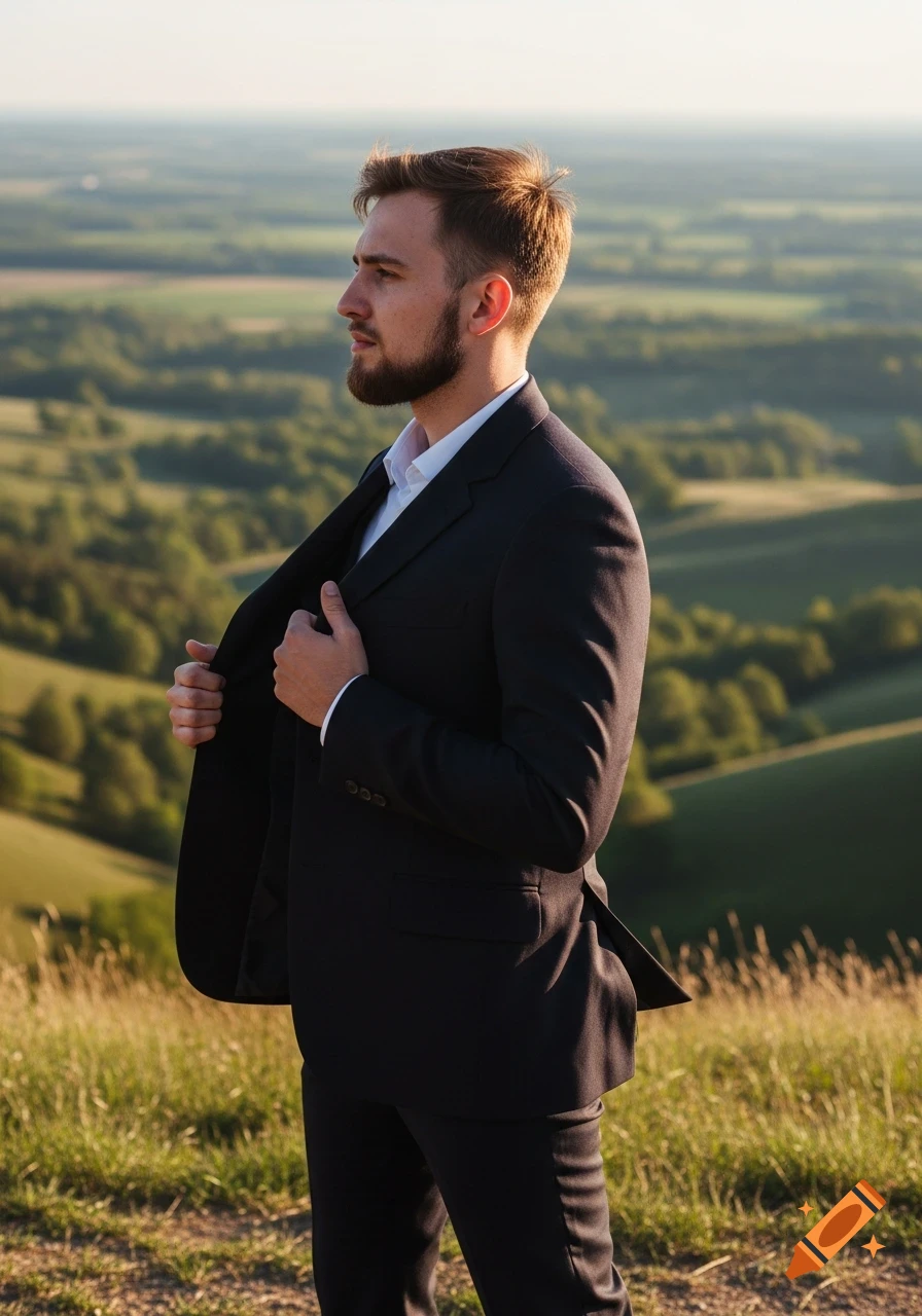 A young man in a dark suit stands proudly on a grassy hilltop at sunset, with one hand in his jacket, looking out over a vast green landscape.