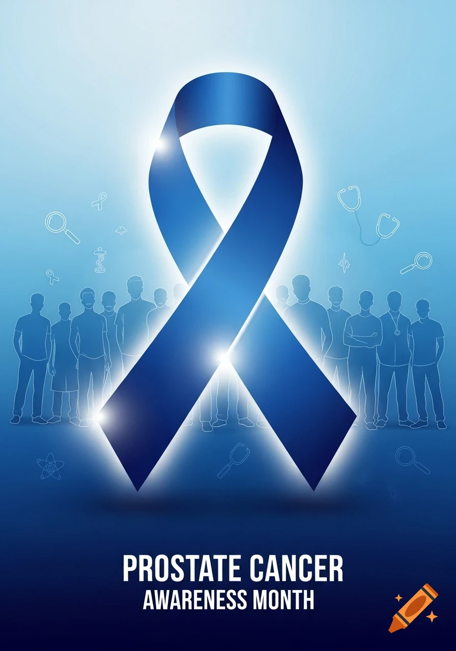 Blue awareness ribbon for Prostate Cancer Month, with silhouettes of men and medical symbols on a blue gradient background.