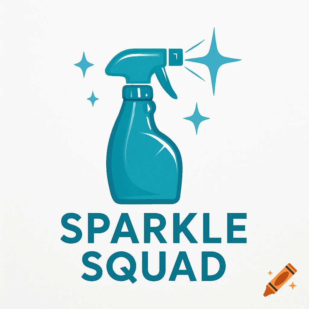 A blue spray bottle logo with text 'Sparkle Squad' and stars on a white background.
