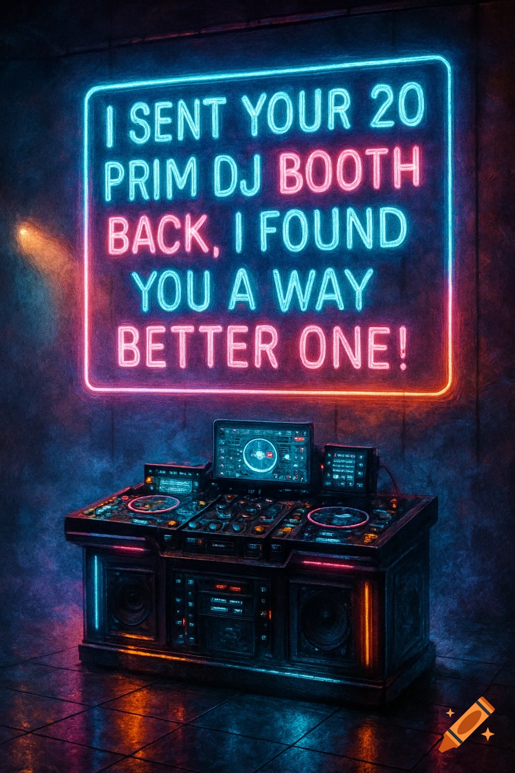 A vibrant neon sign reading "I SENT YOUR 20 PRIM DJ BOOTH BACK, I FOUND YOU A WAY BETTER ONE!" hangs over a detailed DJ setup in a dark, atmospheric room with blue and pink lighting.