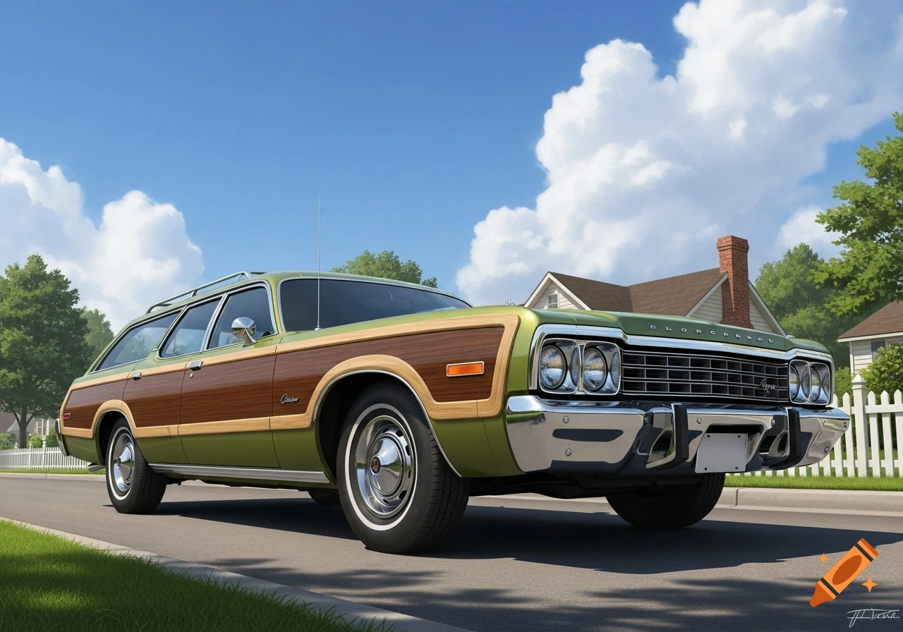 A classic green and wood-paneled station wagon from the 1970s parked on a suburban street on a sunny day.