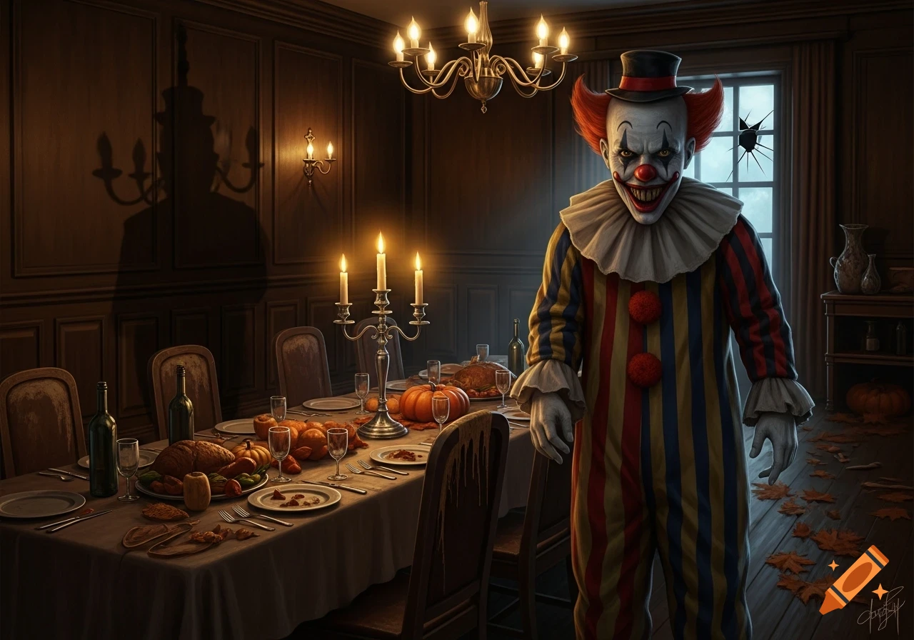 A scary clown with a painted face and colorful striped costume stands by an elegantly set Thanksgiving dinner table in a dim, spooky dining room.