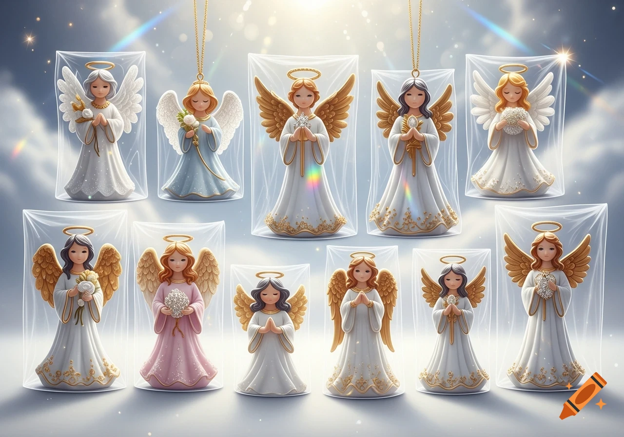 A collection of stylized angel figurines, each packaged in clear plastic, with golden halos and wings, against a bright, ethereal background.