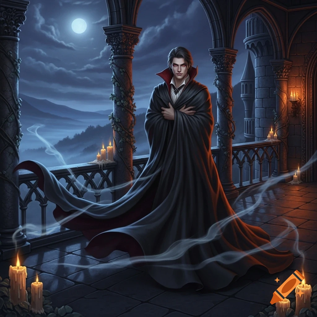 A male vampire in a long black cloak stands on a gothic castle balcony at night under a full moon, candles burning.