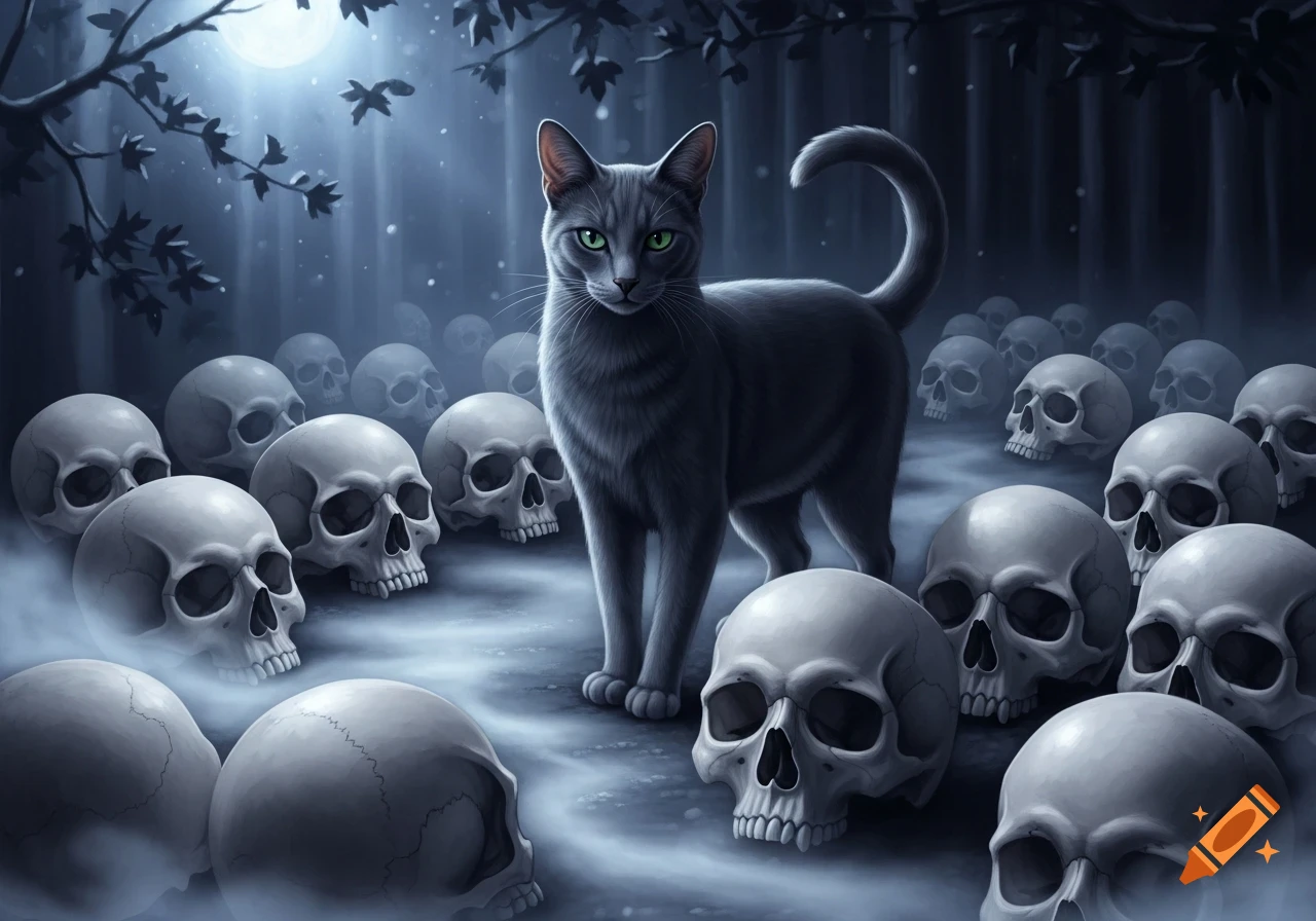 A grey cat with green eyes stands among numerous human skulls in a moonlit, misty forest, depicted in a dark fantasy art style.
