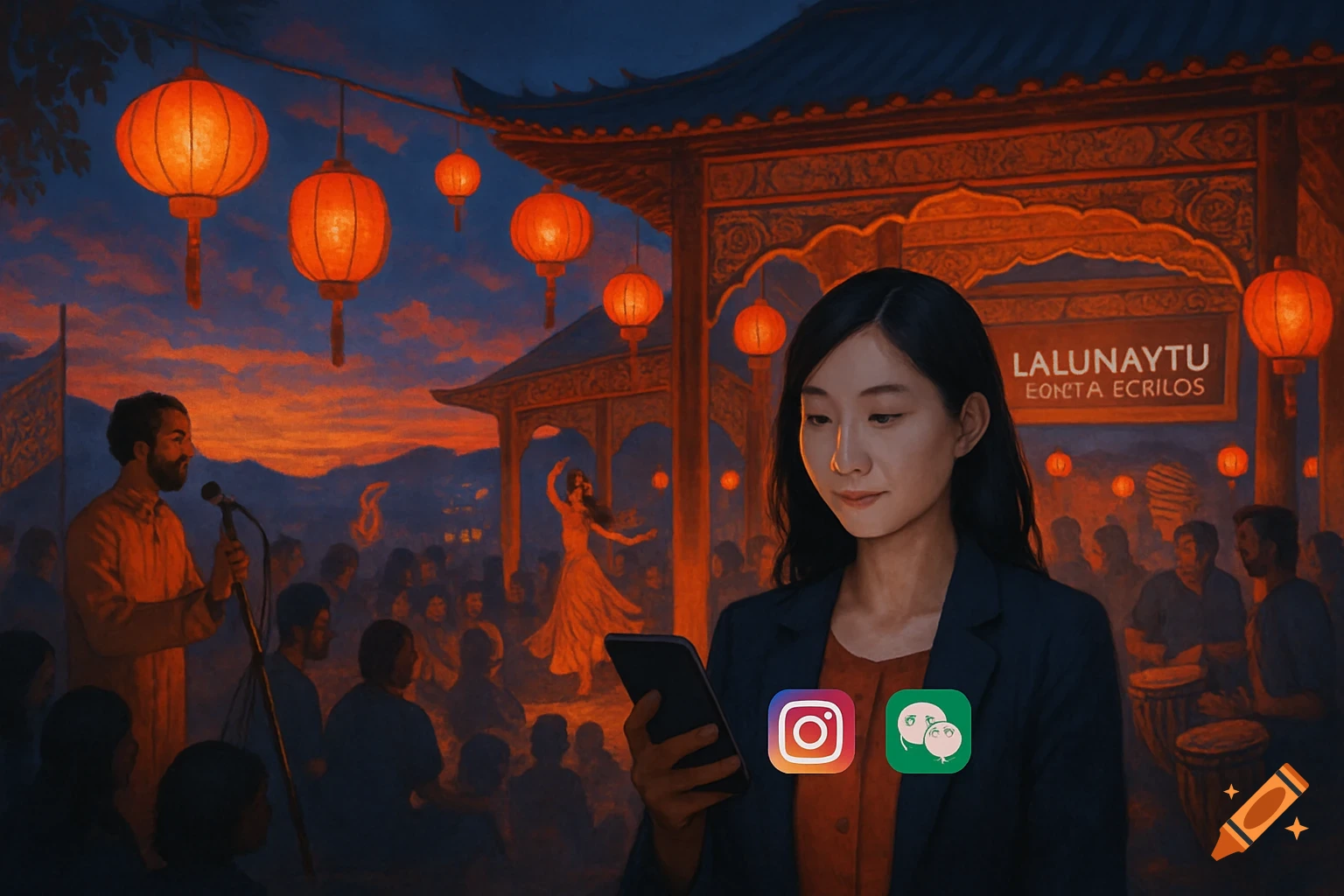 A woman looks at her phone in the foreground of a night scene with a cultural event, featuring a man speaking, a dancer, and an audience under glowing lanterns.