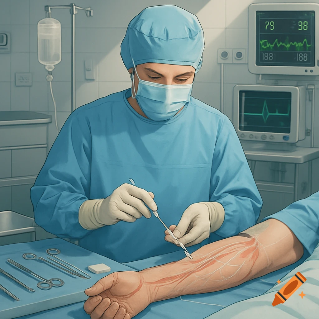 A surgeon in blue scrubs and mask performs a medical procedure on a patient's arm in an operating room, with a medical monitor in the background.