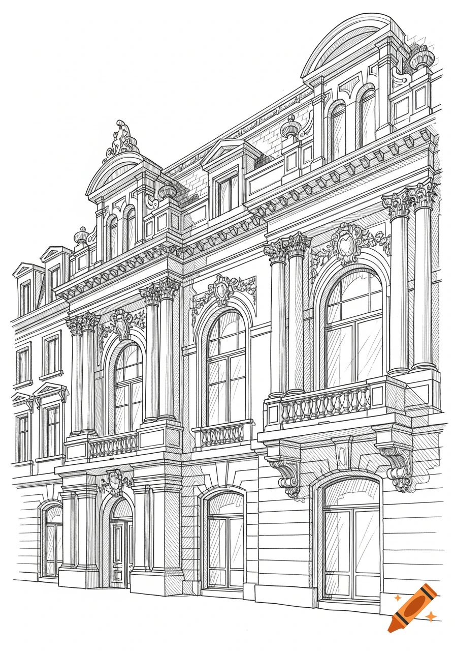 Detailed black and white line drawing of an ornate classical building with columns, arched windows, and balconies.