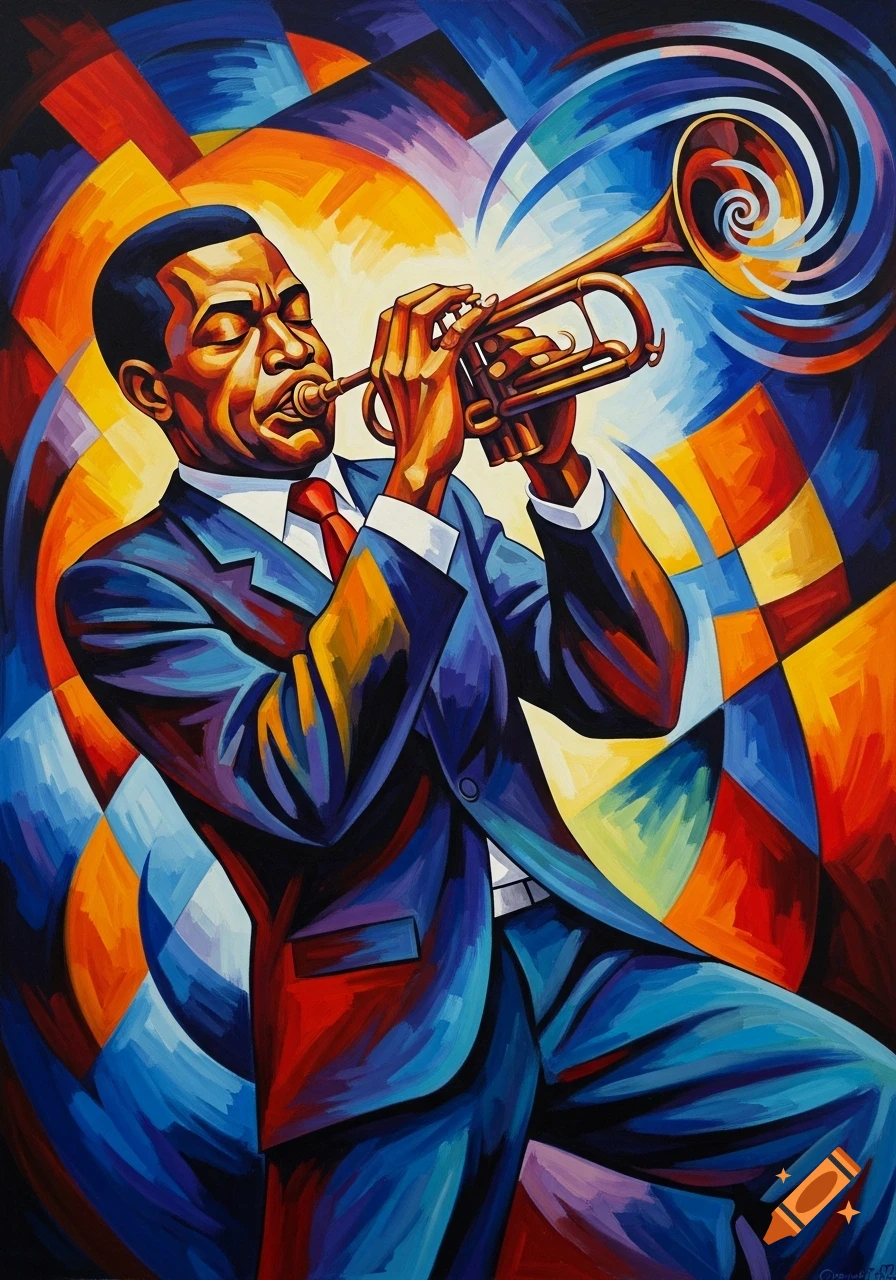 Cubist oil painting of a man in a blue suit and red tie playing a trumpet against a vibrant, geometric background.
