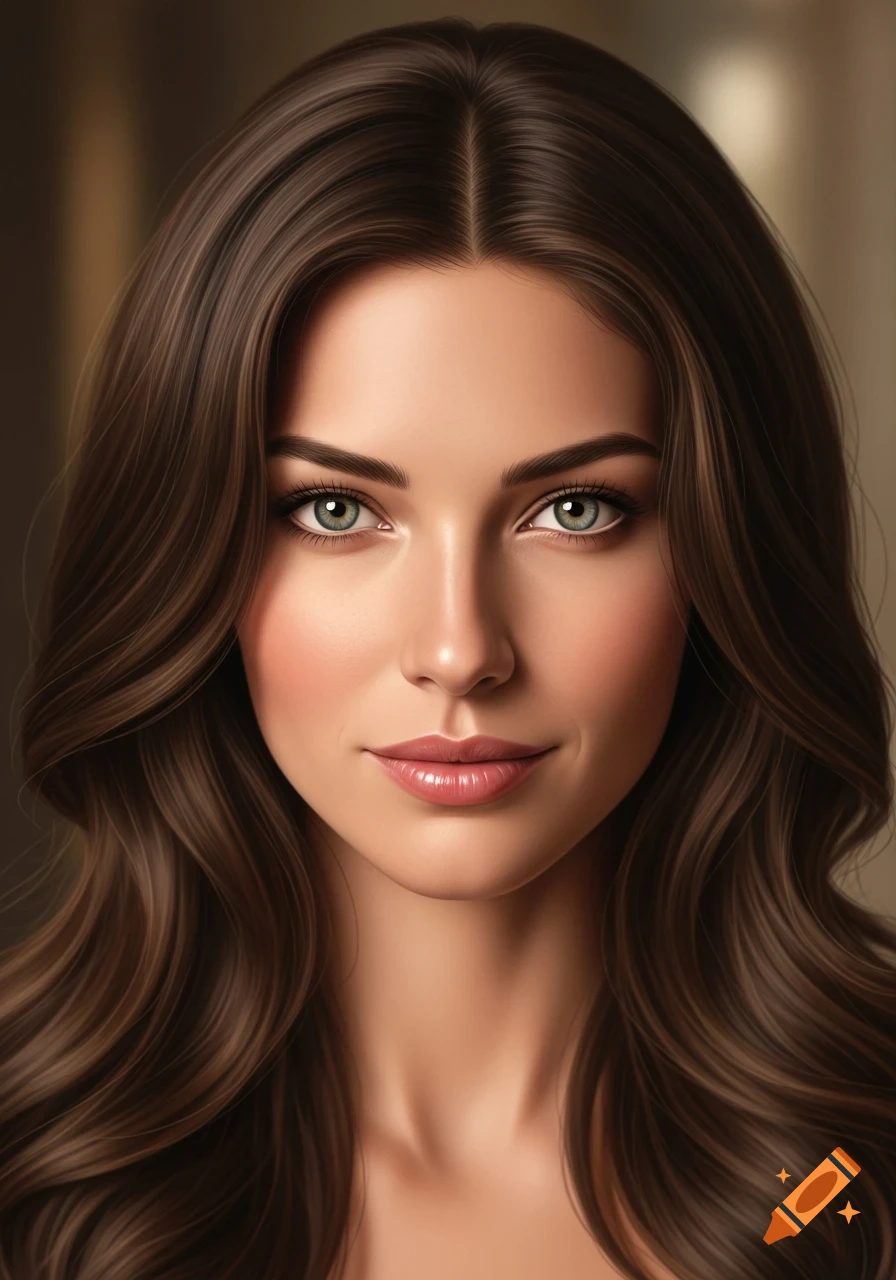 A photorealistic portrait of a woman with long brown wavy hair and light green eyes, smiling slightly at the viewer.