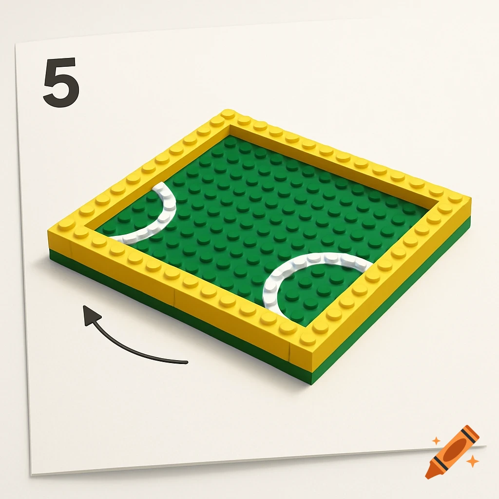 A step 5 LEGO instruction showing a green base plate with a yellow frame and two white curved lines, resembling a miniature sports field.