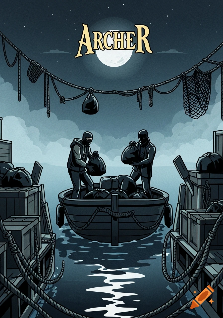 A graphic novel illustration of two masked figures in a boat at night, transferring dark bags under a full moon, with the word "ARCHER" at the top.
