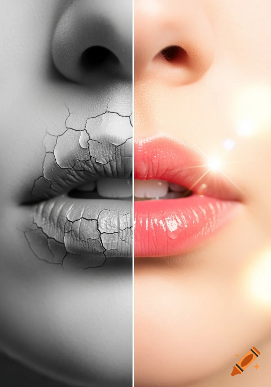 A split image of a person's mouth, left showing dry, cracked lips in grayscale, right showing glossy, healthy pink lips in color with a water droplet.