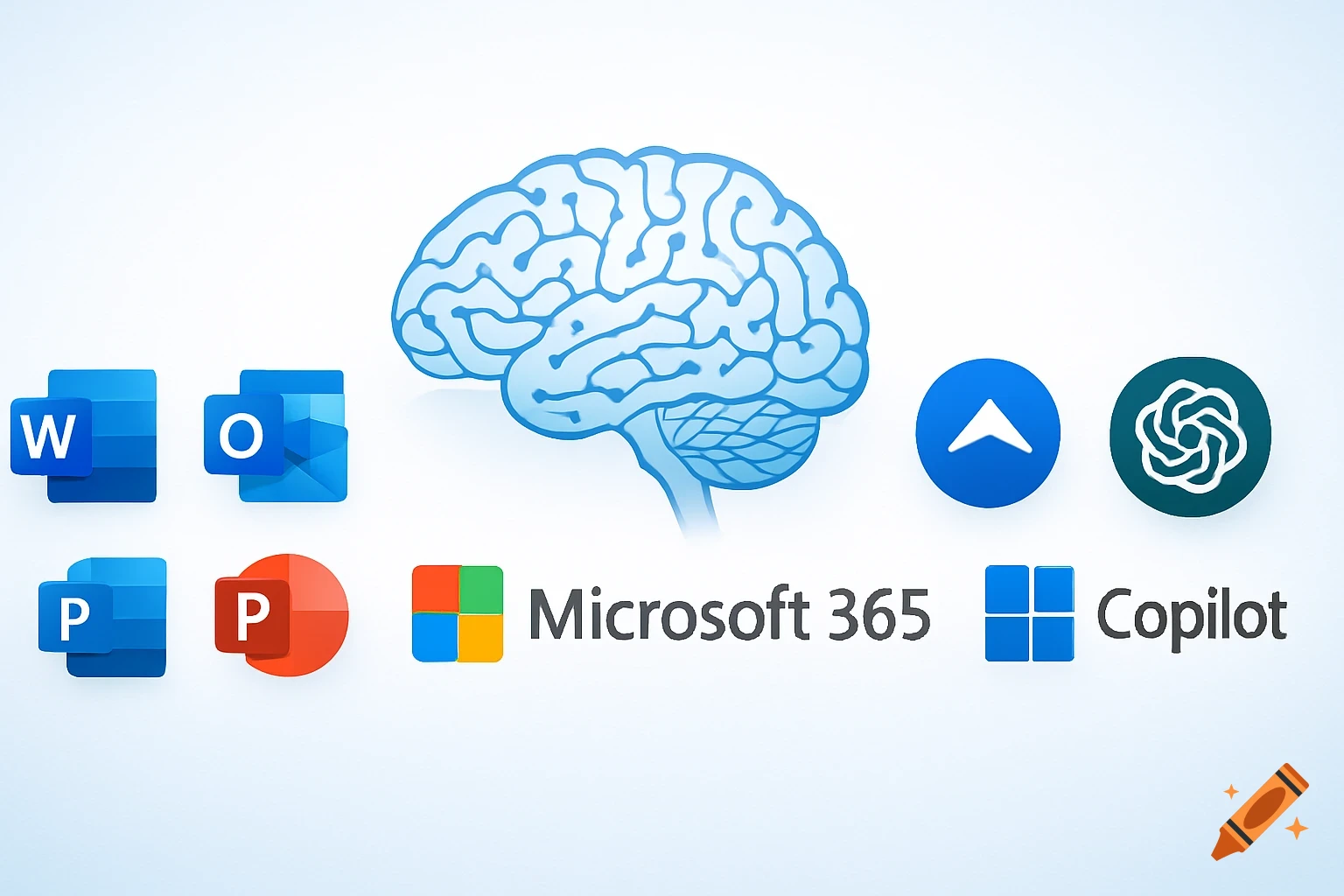 A stylized blue brain icon surrounded by Microsoft 365 and Copilot logos, including Word, Outlook, and PowerPoint icons, on a white background.