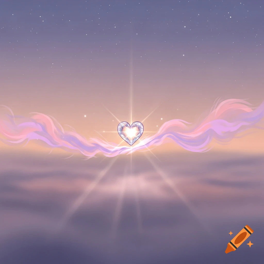A sparkling diamond heart glows above purple and orange clouds, against a starry purple sky. Stylized illustration.