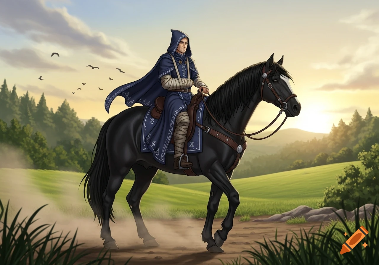 A hooded figure in a blue cloak with bandaged arm and legs rides a black horse through a green, hilly landscape at sunset.