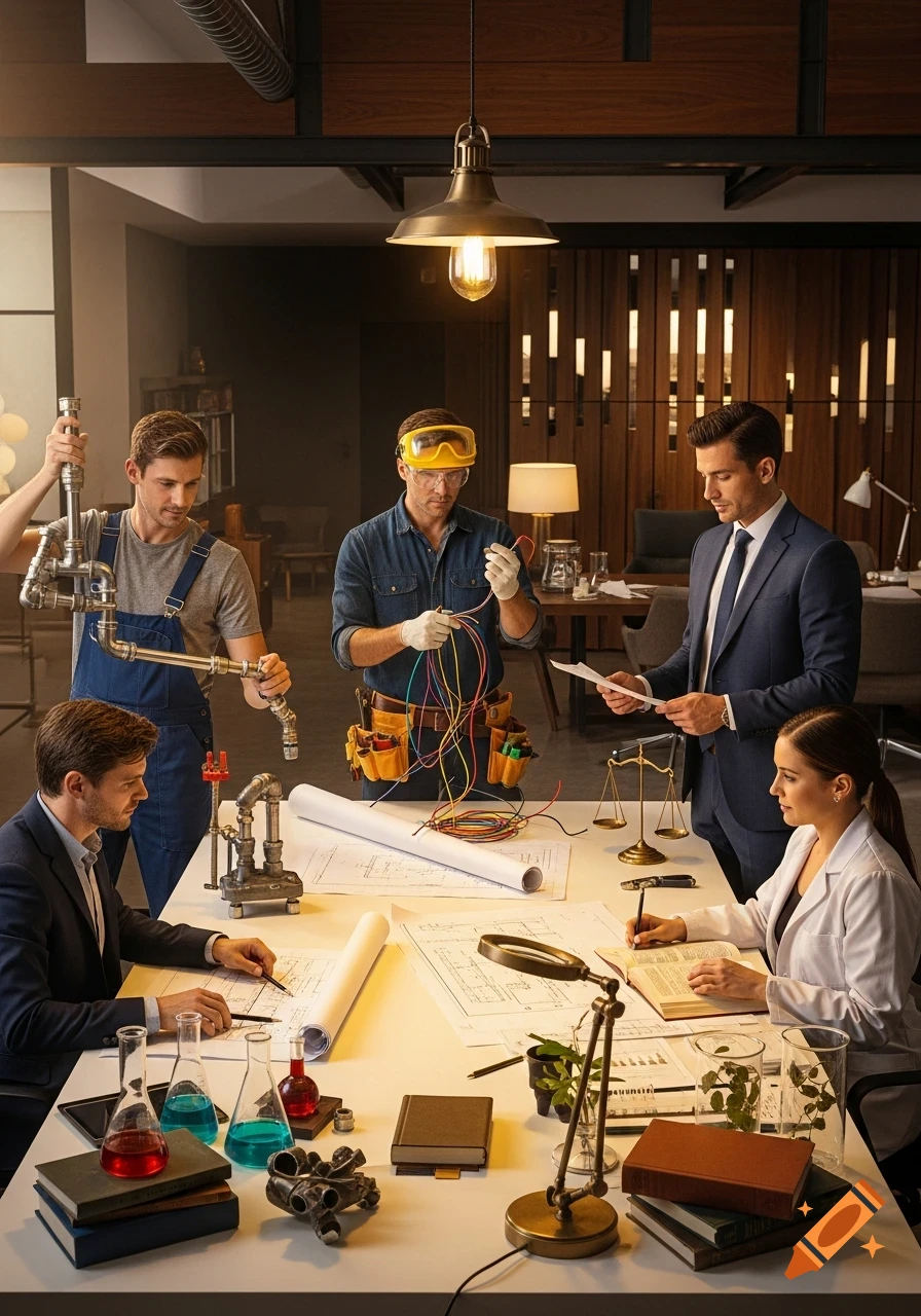 A diverse group of professionals plumber, electrician, lawyer, and biologist collaborate around a table with tools and blueprints.