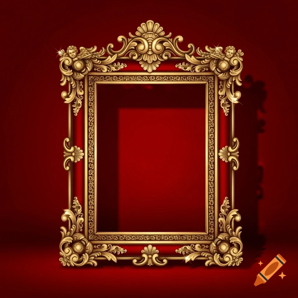 Ornate gold picture frame with cherubs and scrollwork, standing on a rich red background with subtle shadows.