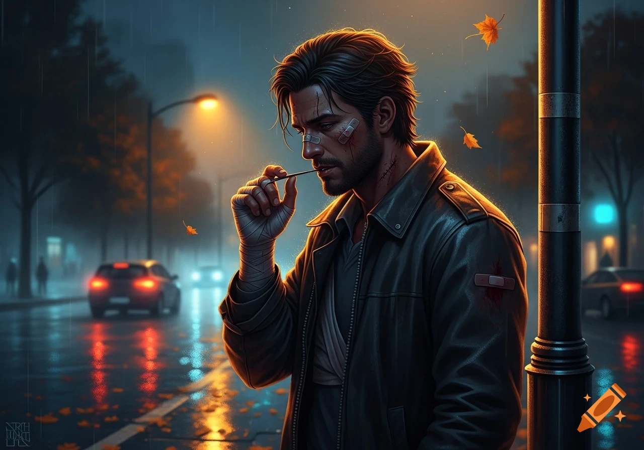 A man with bandages and bloodstains, wearing a leather jacket, stands on a rainy city street at night, illuminated by streetlights.