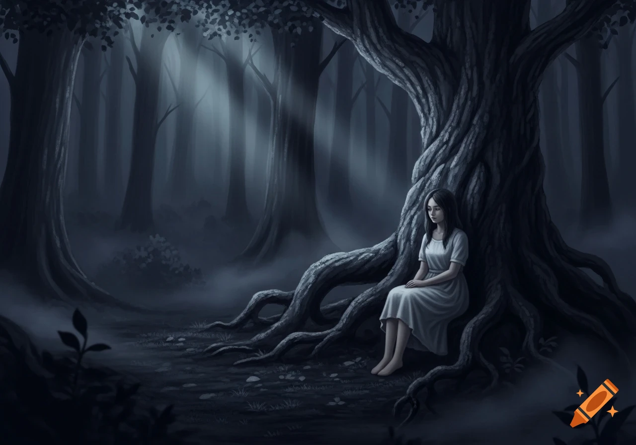 A girl in a light dress sits forlornly by the gnarled roots of a huge, dark tree in a foggy, eerie forest.