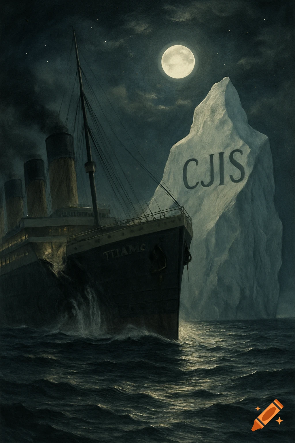 A dramatic nighttime scene of the Titanic approaching a large iceberg labeled "CJIS" under a full moon, with dark waves.