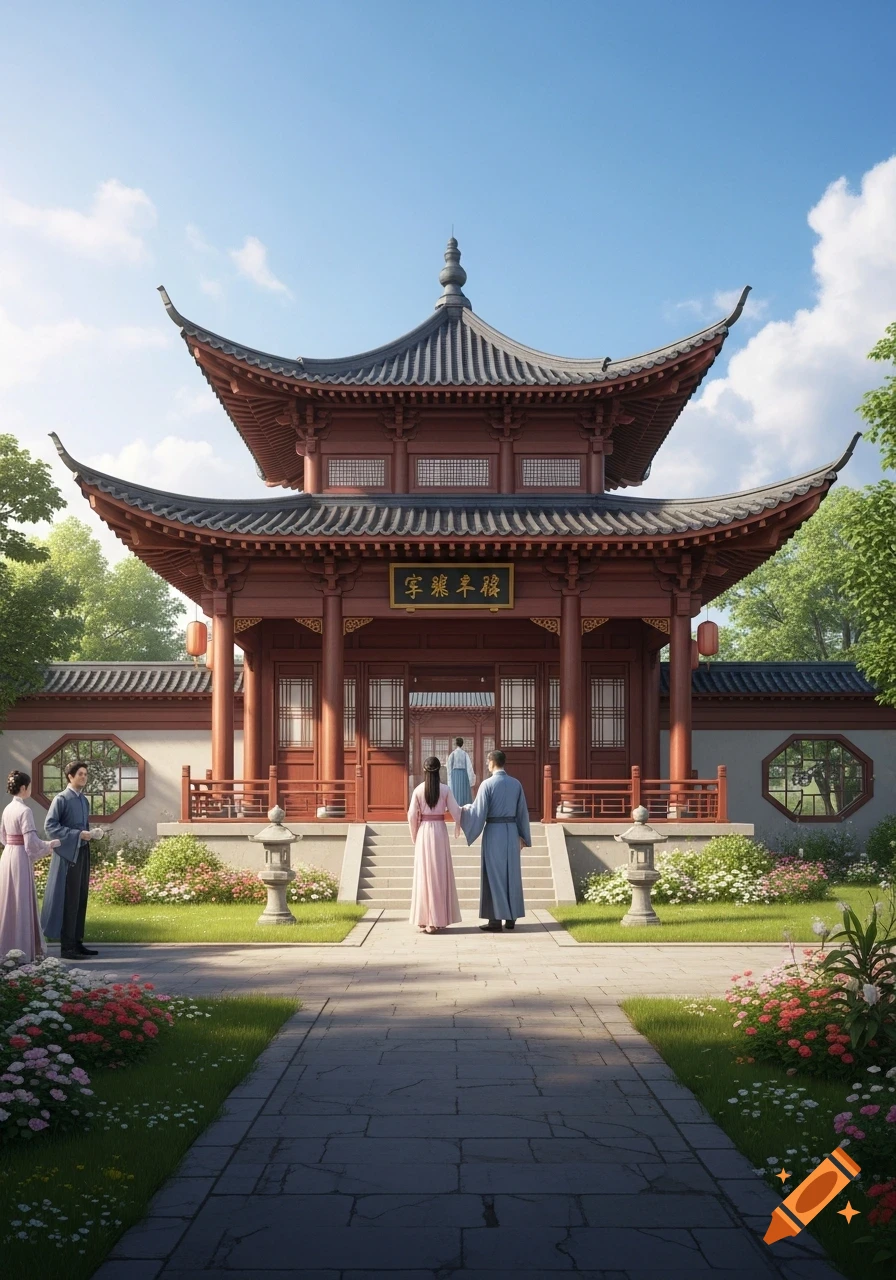A traditional red Chinese pavilion with a tiled roof sits amidst a vibrant garden with colorful flowers. People in traditional attire approach the entrance under a clear blue sky.