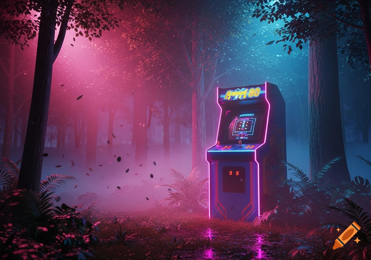 A neon-lit arcade machine stands in a mystical forest bathed in pink and blue light, digital art.