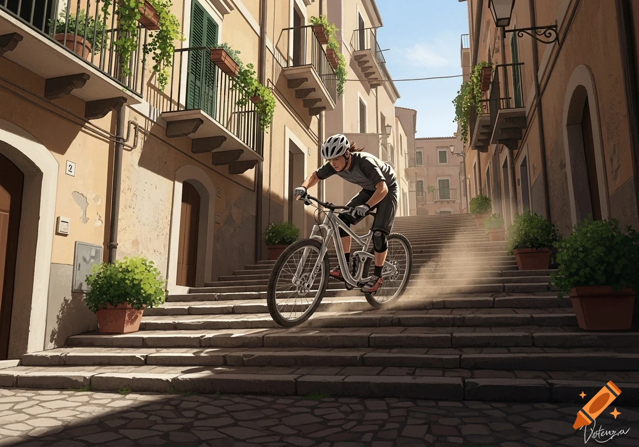 A mountain biker rides down long stone stairs in a narrow, old European city street, creating dust, in a digital painting style.