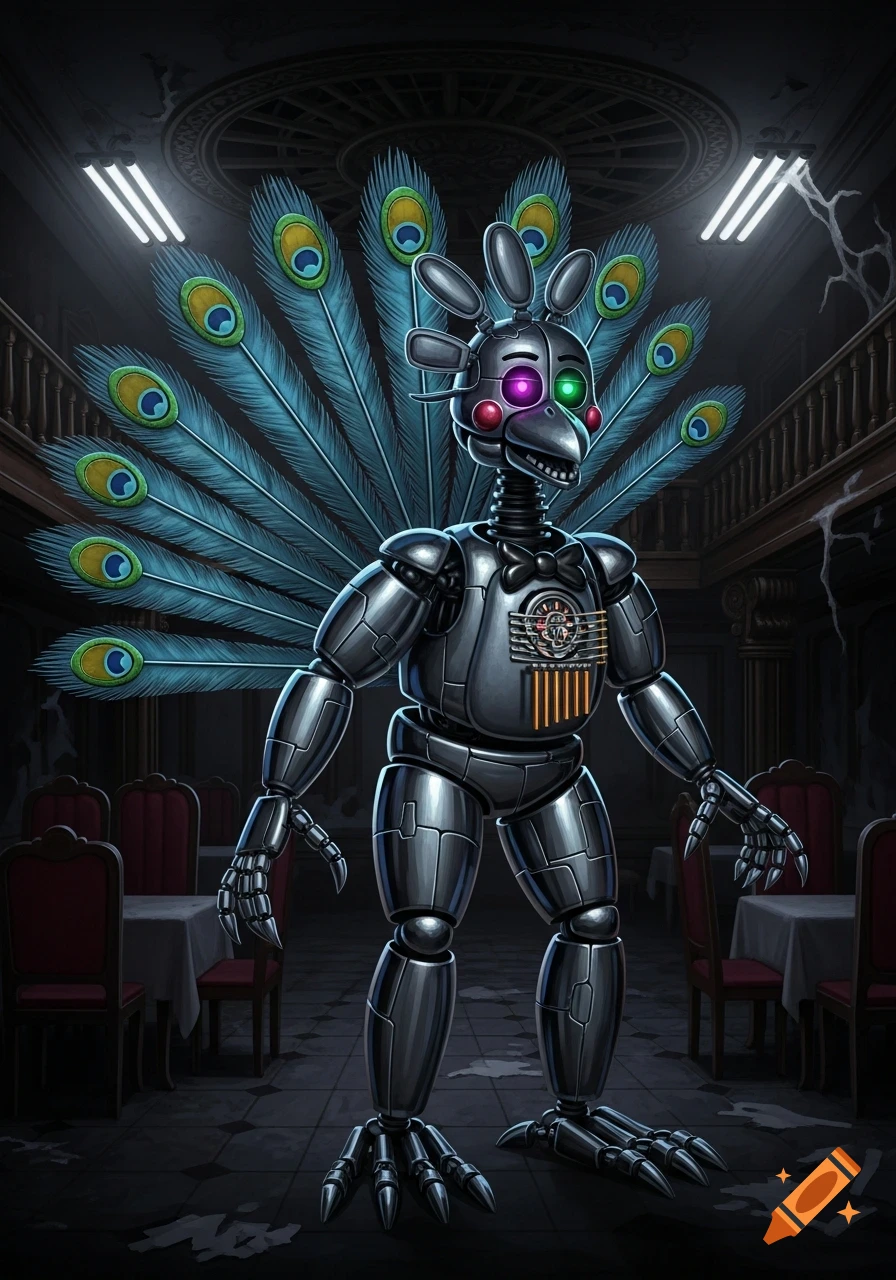 A metallic peacock-robot with glowing eyes and large blue feathers stands in a dark, abandoned restaurant setting.