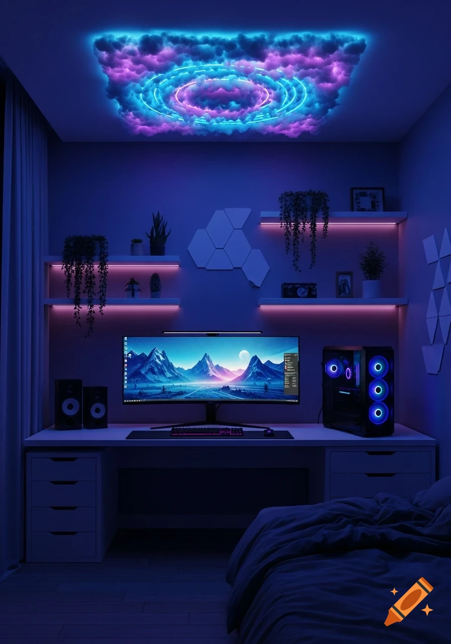 A futuristic gaming room with a desk, curved monitor, PC, and cloud-like ceiling with blue and purple LED lights.