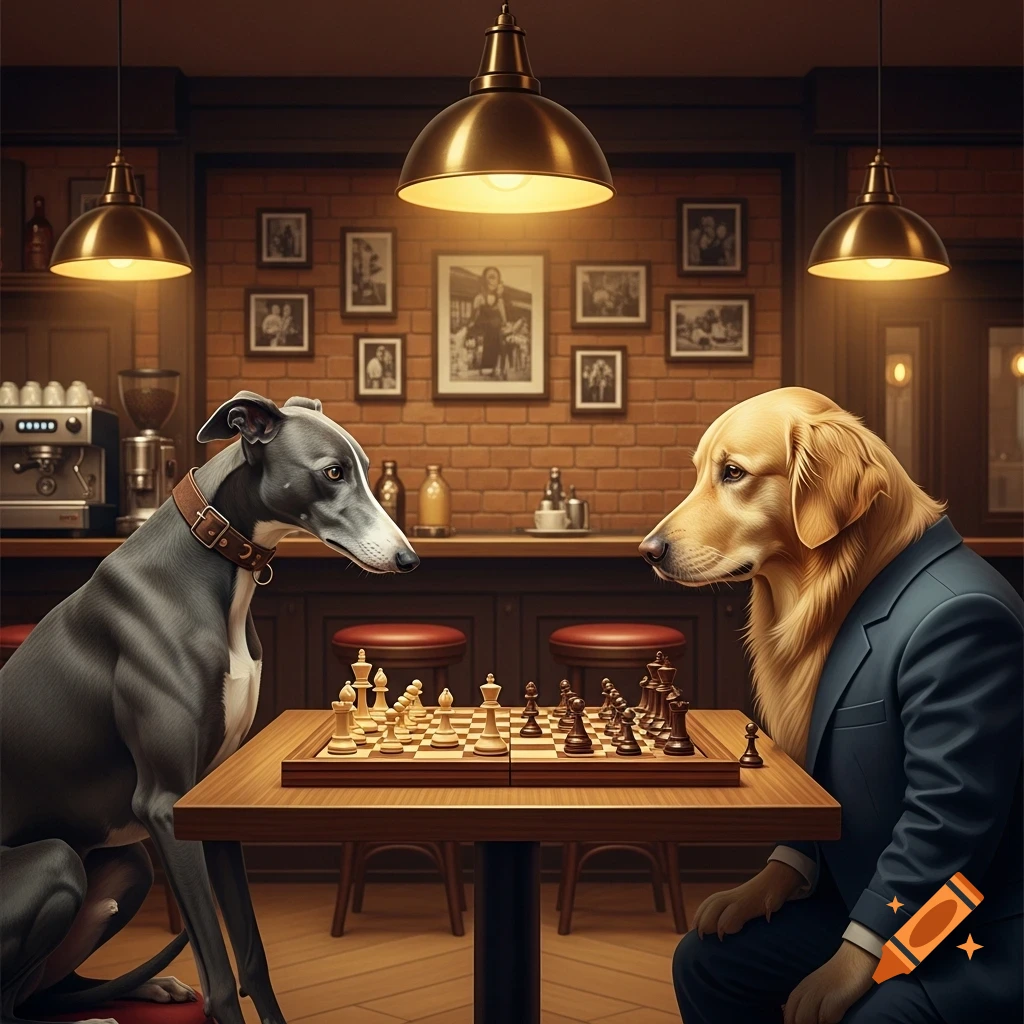 A greyhound and a golden retriever in a suit play chess at a wooden table in a dimly lit bar.