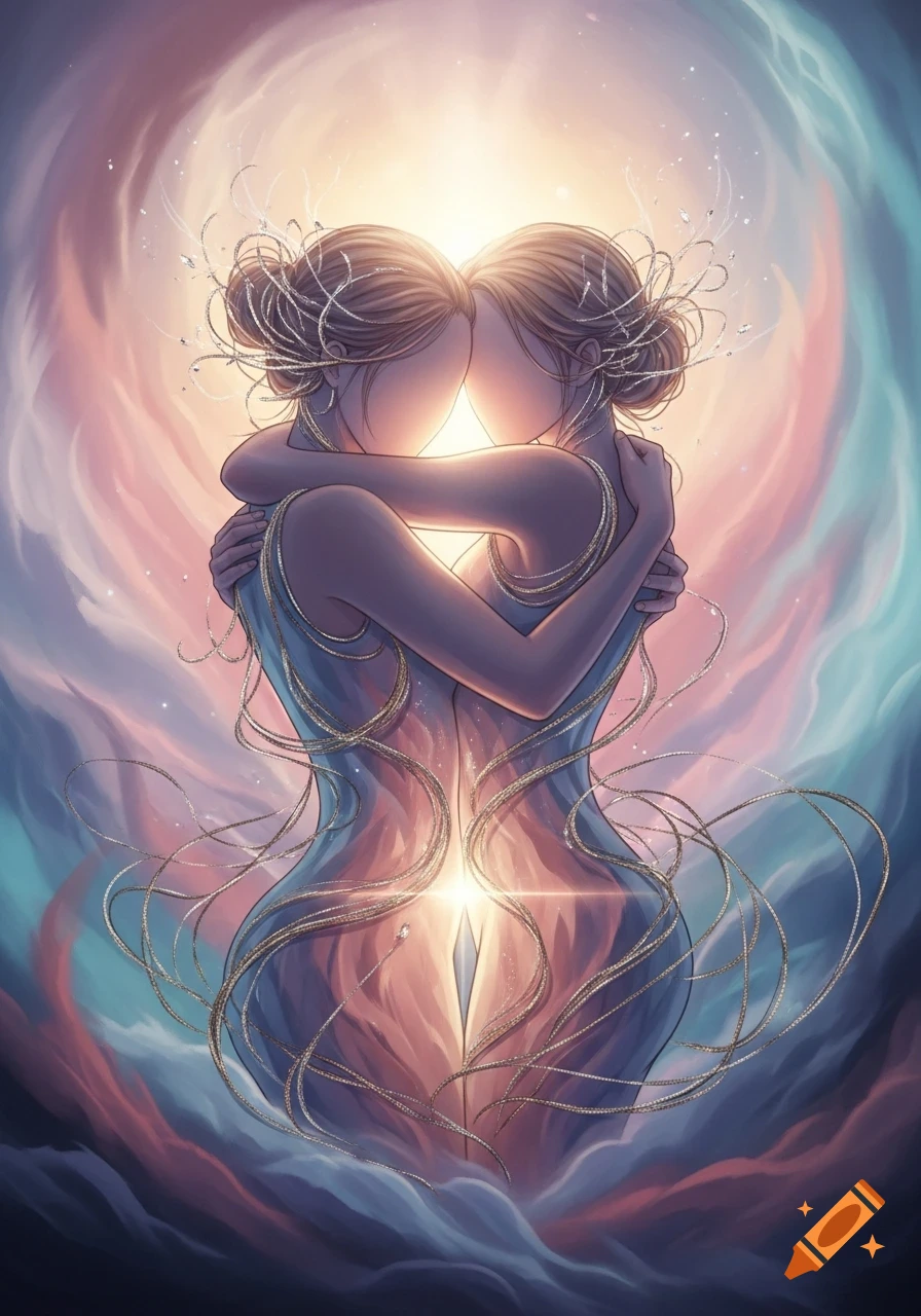 Two faceless women embracing amidst a vibrant, swirling aura of light and flowing golden threads in an ethereal illustration.
