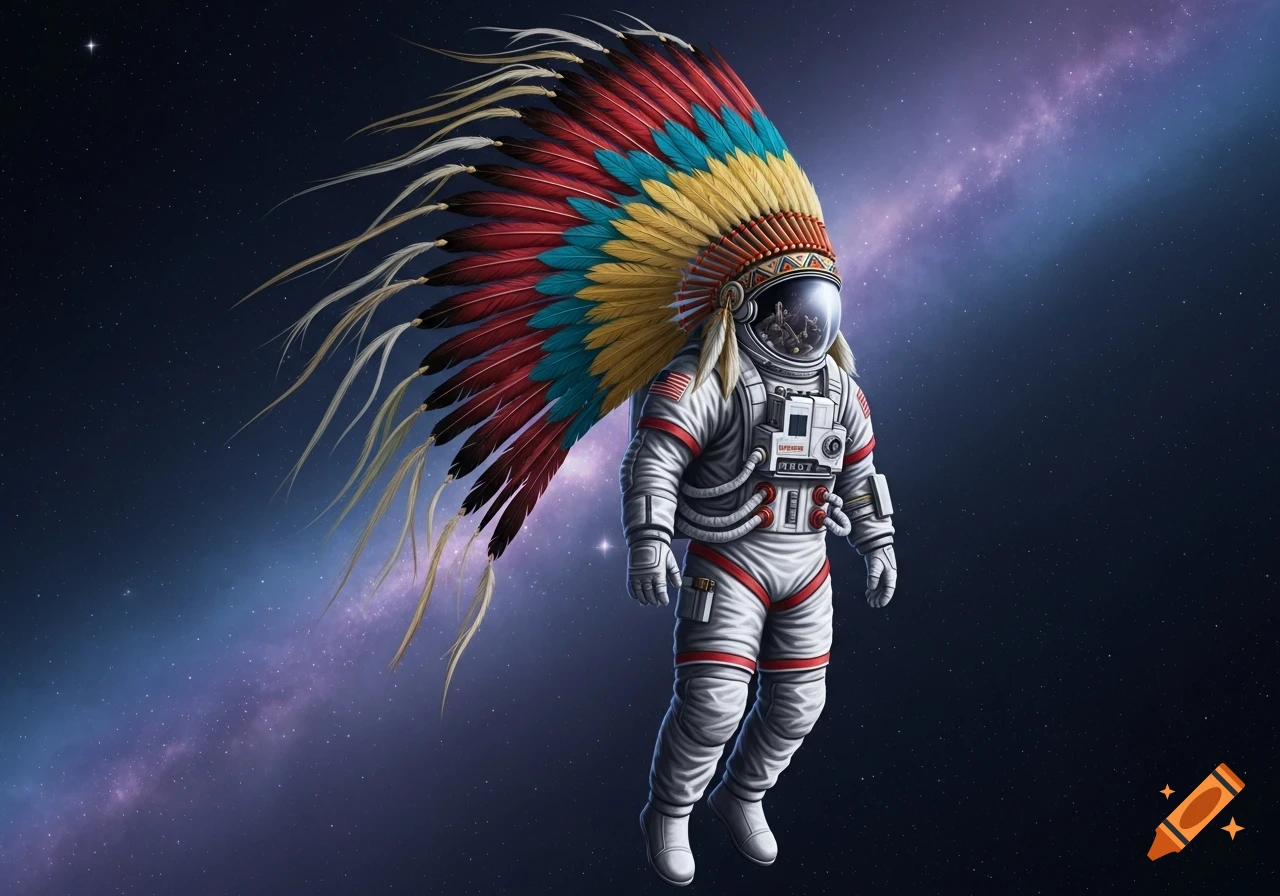 An astronaut in a spacesuit floats in space, adorned with a large, colorful Native American feather headdress.